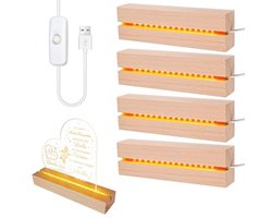 BORDEAG Led-displaybasis, 4 stuks led-lichtbasis van hout met USB, rechthoekige basis met leds voor acrylplaat, kristalplaat, lengte 15 cm, warm wit