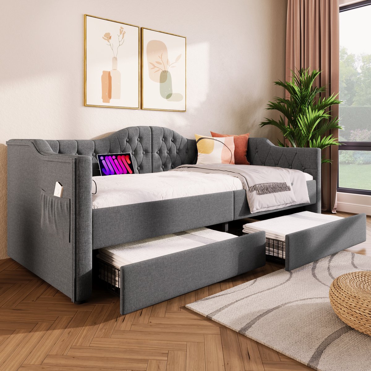 Wishdor Gestoffeerd Daybed 90x200 cm – Vintage Tufting & 2 Lades – USB/Type-C – Grijs Linnen – Stijlvol & Praktisch