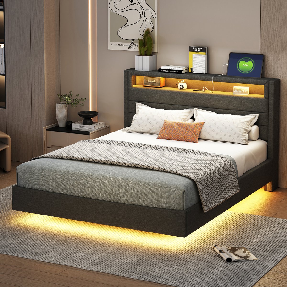 Wishdor Gestoffeerd Bed 140x200 cm – RGB LED & USB – Opklapbaar Hoofdbord Met Opbergruimte – Grijs Linnen – Smart & Stijlvol