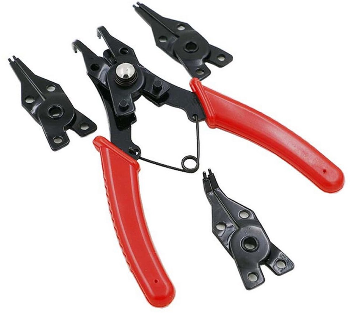 4-in-1 borgringtang, binnen- en buitenborgringtang met 4 verwisselbare bekken voor het monteren en verwijderen van borgringen, 5 inch, rood
