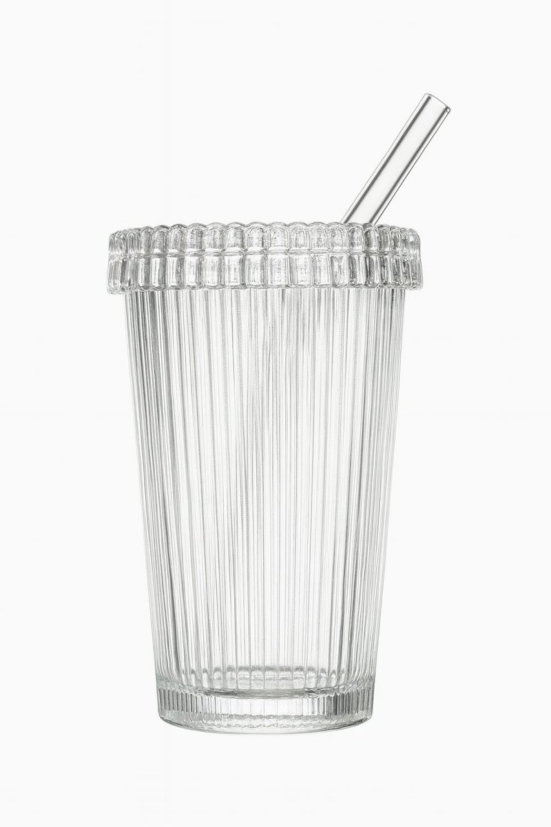 Bavary Collection Matcha Glas – Ribbelglas met Glazen Deksel & Rietje – 3-delige Luxe Set – Iced Matcha & Iced Latte – 400ml