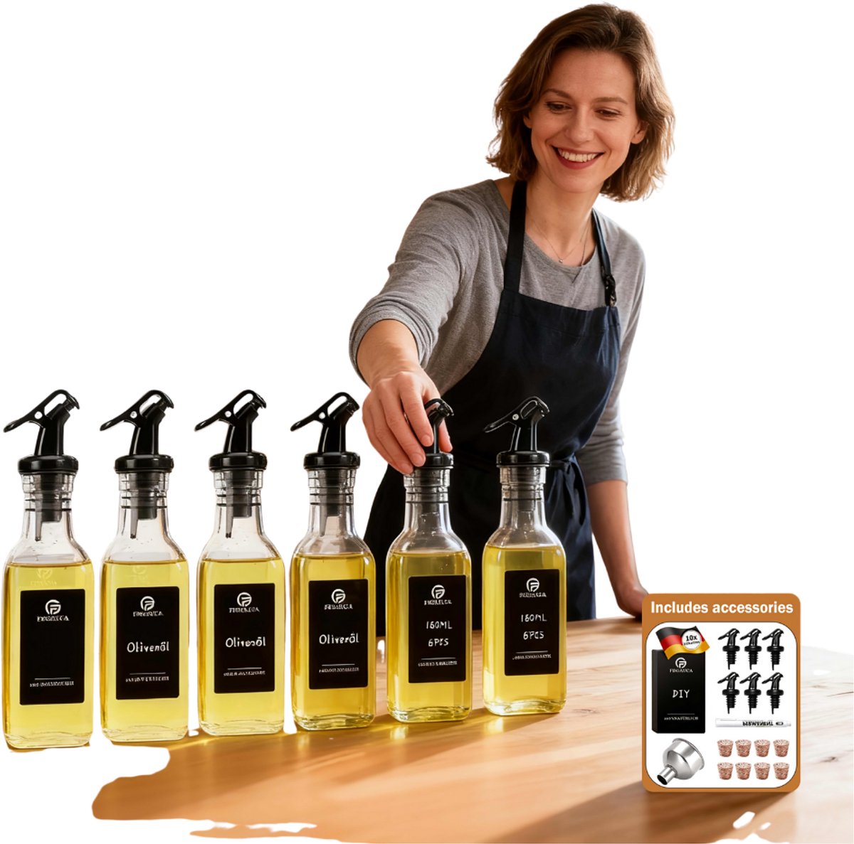 Olijfolie dispenser - 160 ml 6 glazen flessen- Olijfoliedispenser met trechter- azijn- en olieflessen- Voedselgraad glas met etiket-kurken.