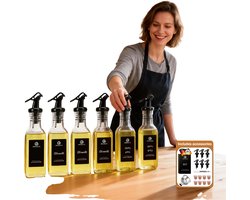 Olijfolie dispenser - 160 ml 6 glazen flessen- Olijfoliedispenser met trechter- azijn- en olieflessen- Voedselgraad glas met etiket-kurken.