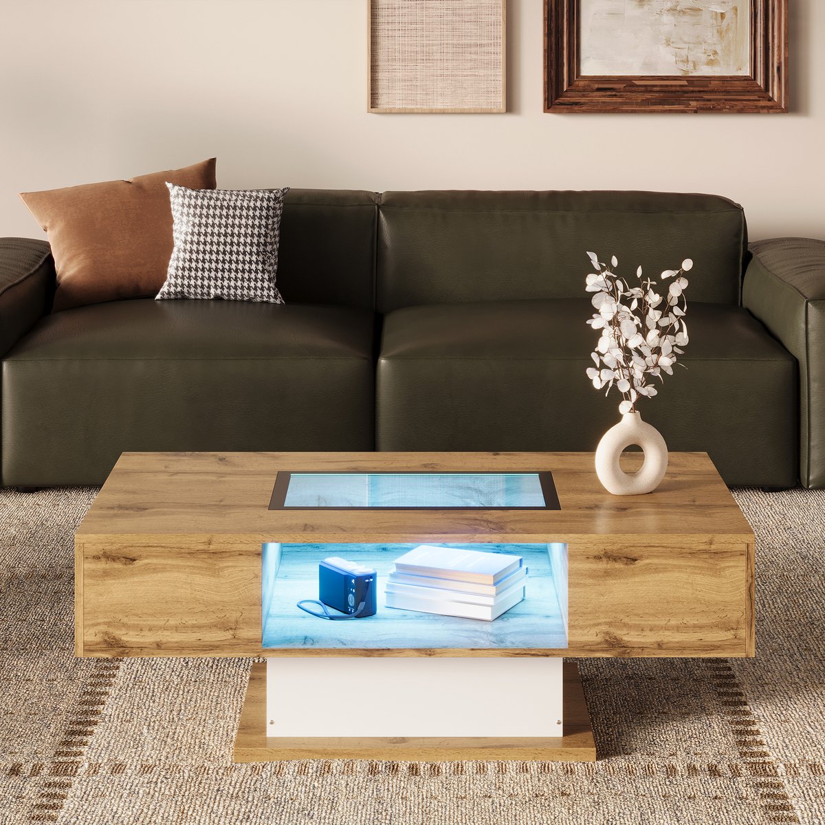 Wishdor Salontafel met instelbare LED-verlichting, glazen blad en twee lades – wildeiken-look met witte accenten Natuurlijk