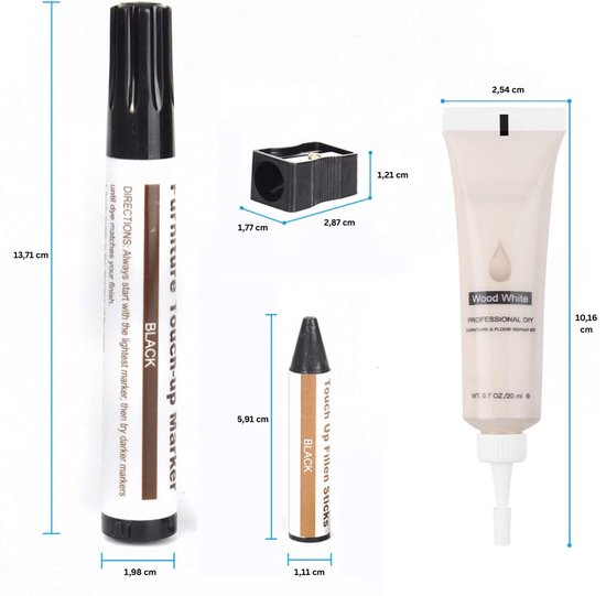 Set met zwarte meubelmarker (13,71 cm), zwarte vulstift (5,91 cm), puntenslijper, gele spatel en witte reparatiepasta (10,16 cm).