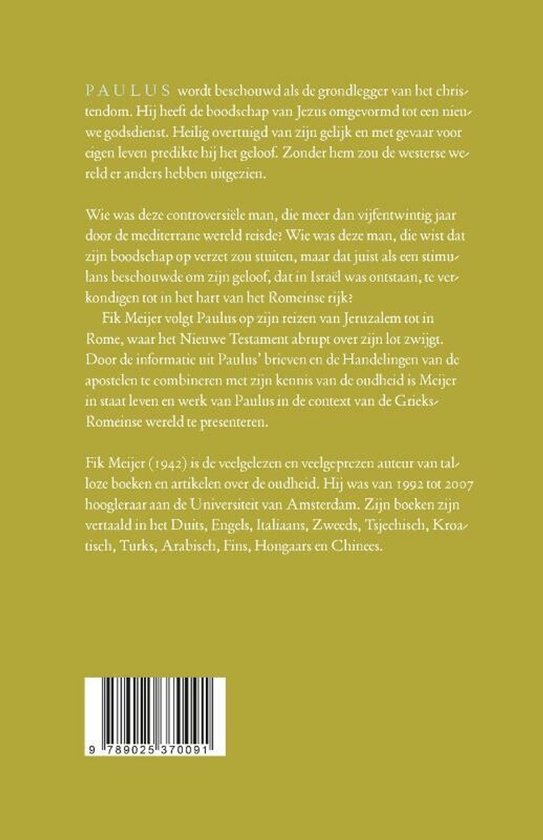Achterkant van het boek 'Paulus' met tekst en een barcode.