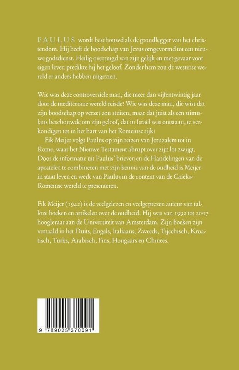Achterkant van het boek 'Paulus' met tekst en een barcode.