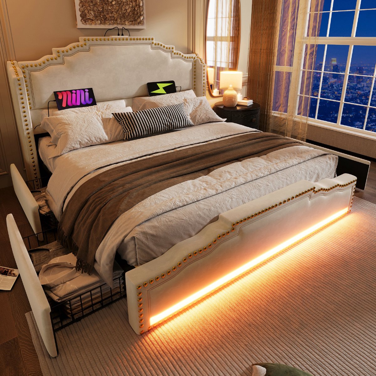 Strovea Gestoffeerd bed 160x200 cm met opbergruimte, Tweepersoonsbed met 4 lades, LED verlichting, USB Type C-oplader, Opbergbed volwassen bed met lattenbodem, Fluweel, Retrostijl, Beige (zonder matras)