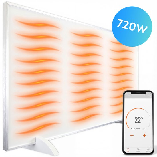Witte verwarmingspaneel met oranje gloed en "720W" cirkel. Smartphone met temperatuurweergave.