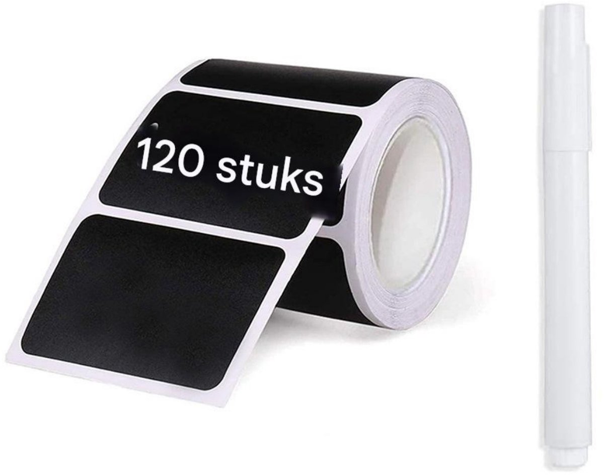 GELLDG Schoolbordstickers - 120 vellen - Met pen - Waterbestendige zelfklevende etiketten - Beschrijfbare stickers - Keukenstickers - Geschikt voor kruidenpotjes, jampotten - 5,5 x 3,5 cm - Rechthoekig
