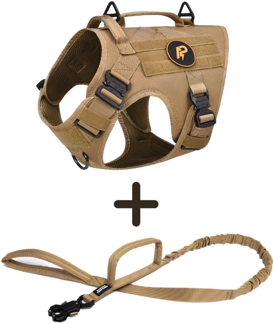 Harnais pour chien kaki taille M et une laisse assortie à double poignée.