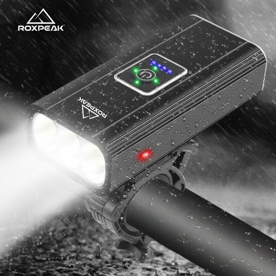 RoxPeak® fietsverlichting set - Voorlamp & Achterlamp - USB oplaadbaar - 1600 Lumen - 300 meter - Ingebouwde Powerbank 2400 MaH- 6 standen - waterdicht — afbeelding 3