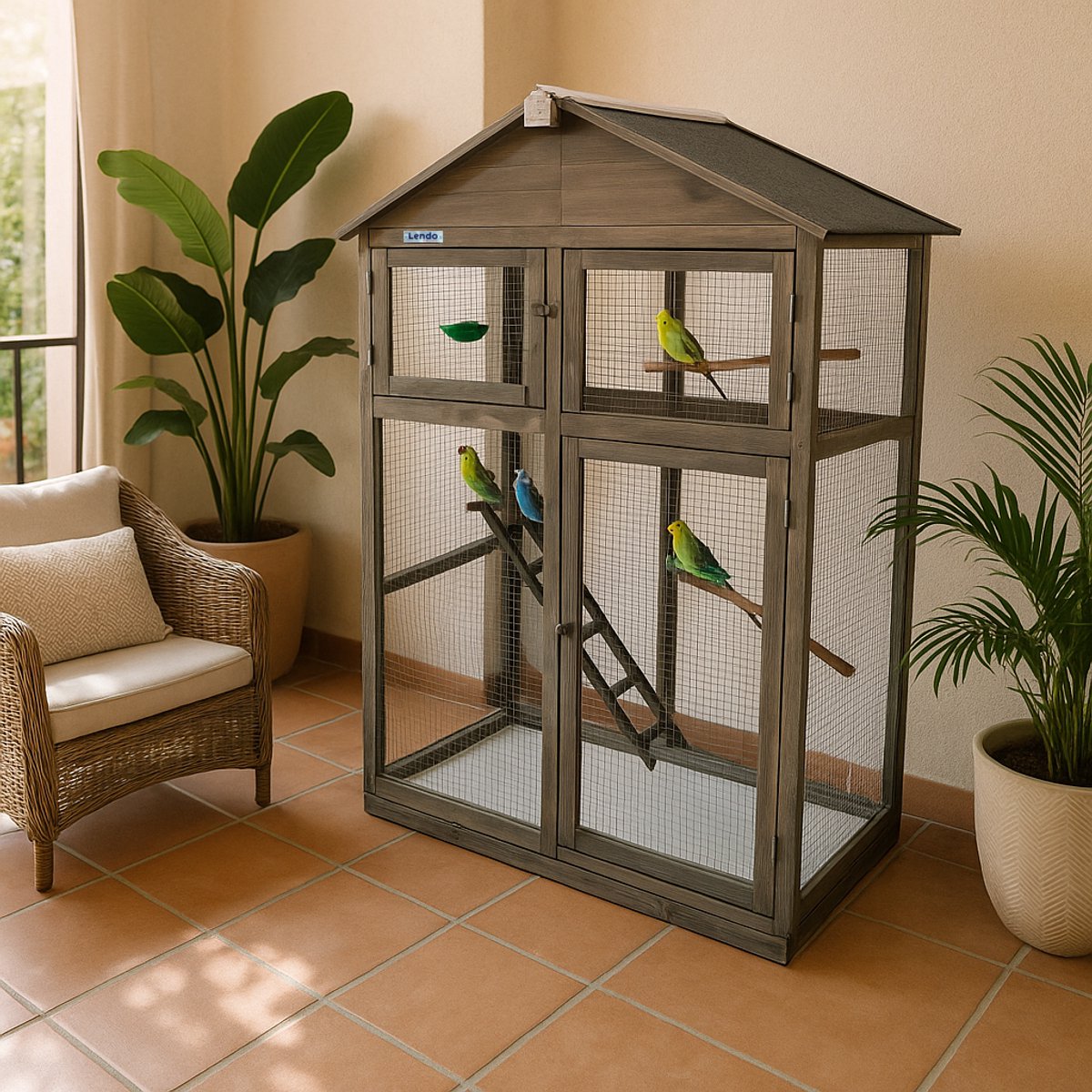 Lendo Online Volière van geïmpregneerd vurenhout - 115x58x164 cm - Grijs - Vogelkooi met uitneembare lade - Vogelhok - Papegaaienkooi - Parkietenkooi - Vogelverblijf