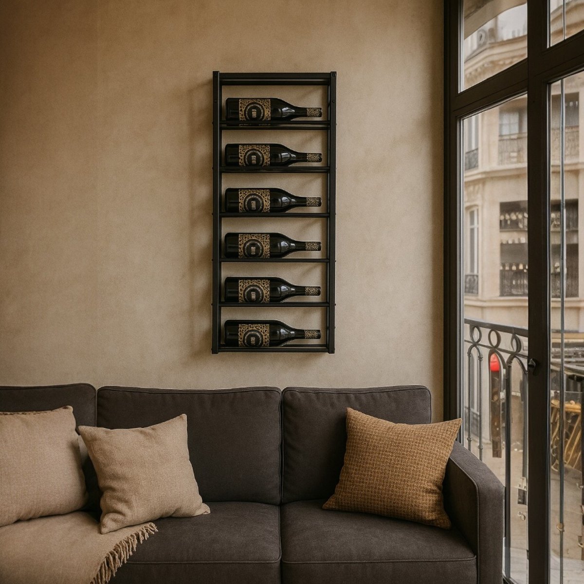Lendo Online Wijnrek voor aan de muur - 6 flessen - Industrieel - 39x10x84cm (BxDxH) - Wandrek - Flessenrek - Hangend wijnrek - Muurrek - Poedercoat Staal - Zwart — cadeau in Wonen & Interieur - foto 5