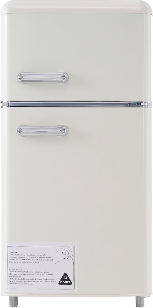 Koelkast, dubbeldeurs 46 x 45 x 91 cm, totale inhoud 72 liter, vriesvak 21 liter, jaarlijks stroomverbruik 120 kWh, ledverlichting, energielabel E, verkrijgbaar in meerdere kleuren, geschikt voor keukens, kinderkamers en appartementen.