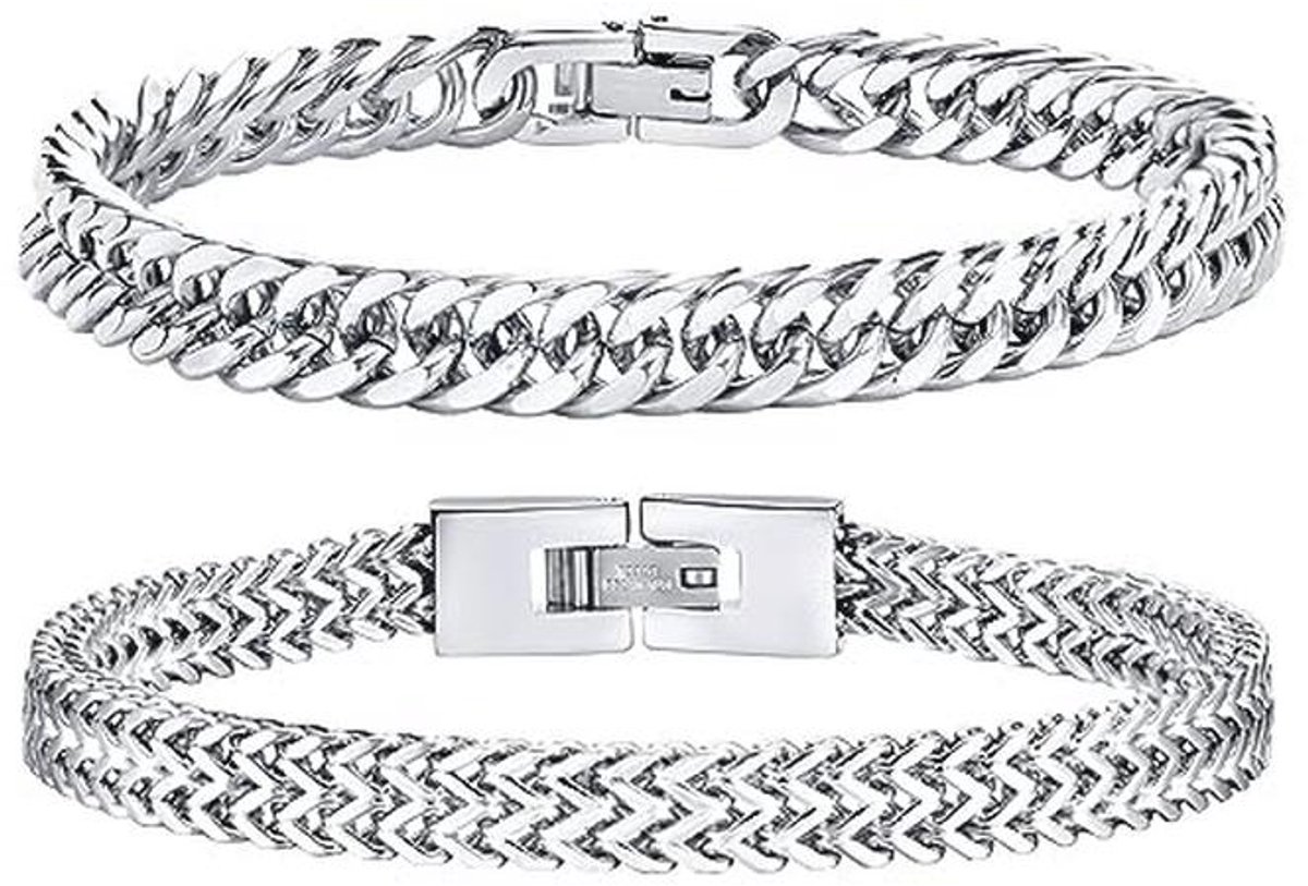 Cubaanse schakelarmband voor heren in roestvrij staal - 2 stuks - 8 mm breed - Goud-Zwart-Zilver