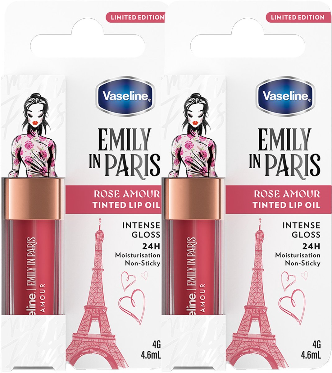 Vaseline x Emily in Paris Lip Oil Rose Amour, getinte lipgloss voor vollere lippen (2x4g)