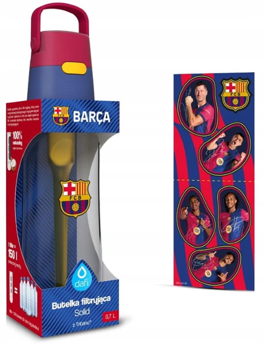 Dafi Solid - Waterfilterfles FC Barcelona Editie - 0,7 Liter - Tritan - BPA Vrij - Met Filter & Stickers - Blauw/Rood