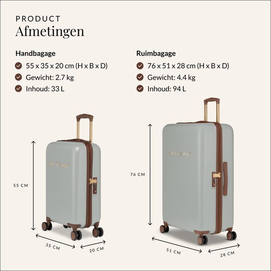 Afmetingen van een duo koffer set: handbagage van 55 cm en ruimbagage van 76 cm, beide lichtgrijs.
