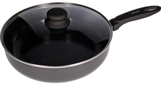 Brabantia Hapjespan met Deksel – 28 cm – Keramisch – Dubbele keramische anti-aanbaklaag op waterbasis – Inclusief glazen deksel – Warmte-indicator – Hittebestendige soft-touch greep – Geschikt voor alle warmtebronnen incl. inductie – PFAS-vrije kwali