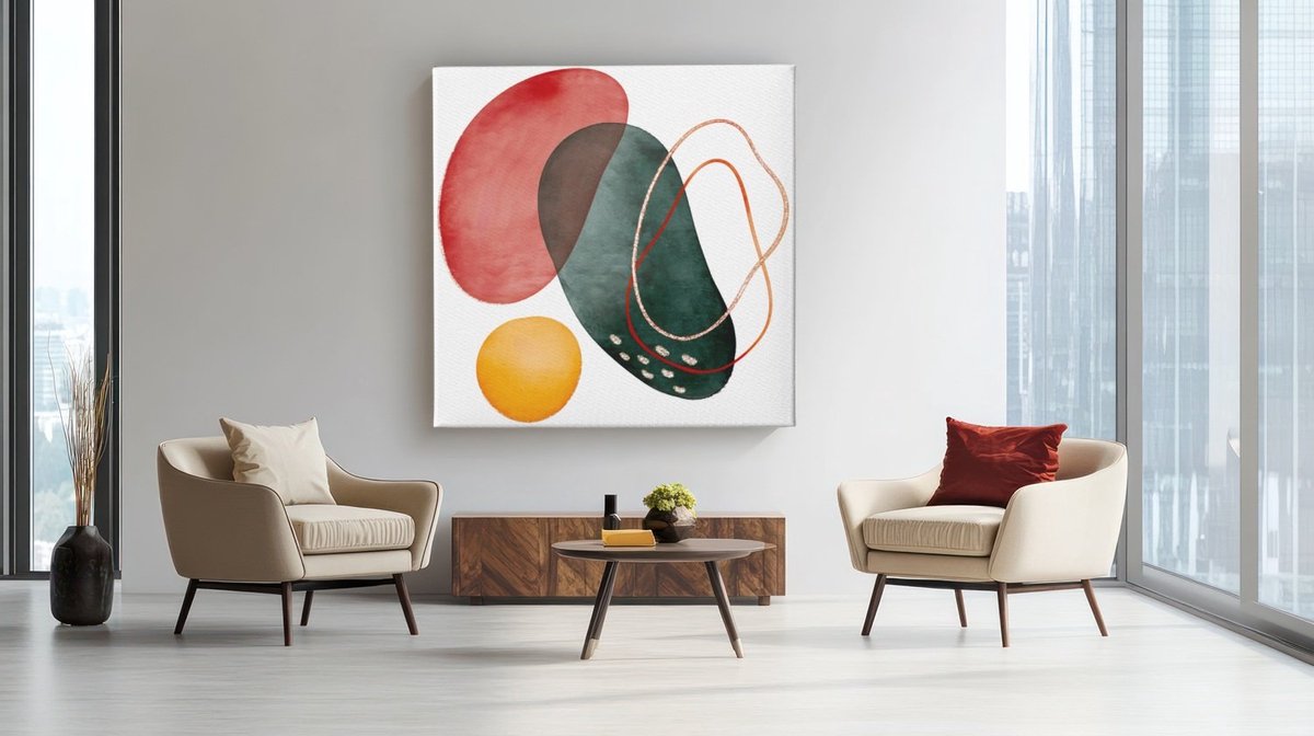 Trendex Global Vierkant Canvas Schilderij - Abstract Vormen - Wanddecoratie - 40x40 cm Kleurrijk