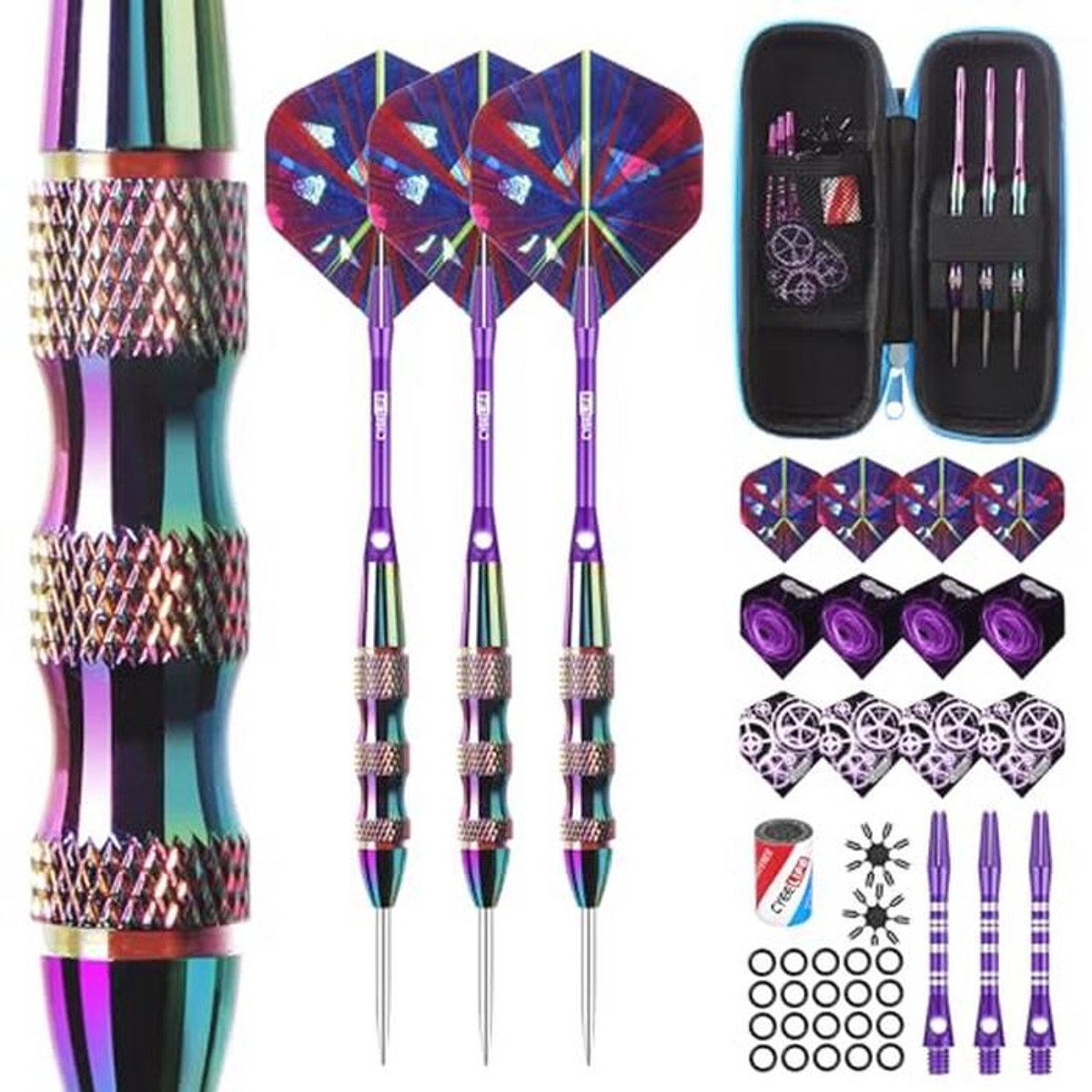 Professionele Dartpijlen Set met Metalen Punt - 22 Gram, 3 Stuks, Inclusief 6 Aluminium Schachten en 12 Flights - Compleet met Slijper en Dartcase