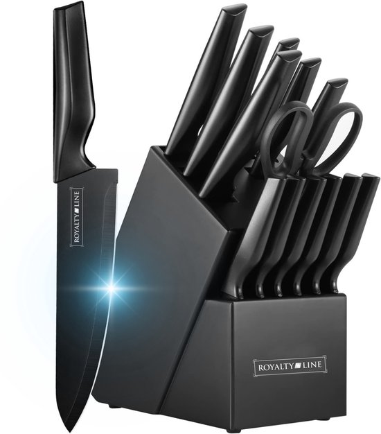 Royalty Line® KB14B Messenset Met Blok - Luxe 14 Delig Messensets - Broodmes - Koksmes - Vleesmessen en Schaar met Bieropener - Messenblok - Antiaanbaklaag - RVS / Zwart
