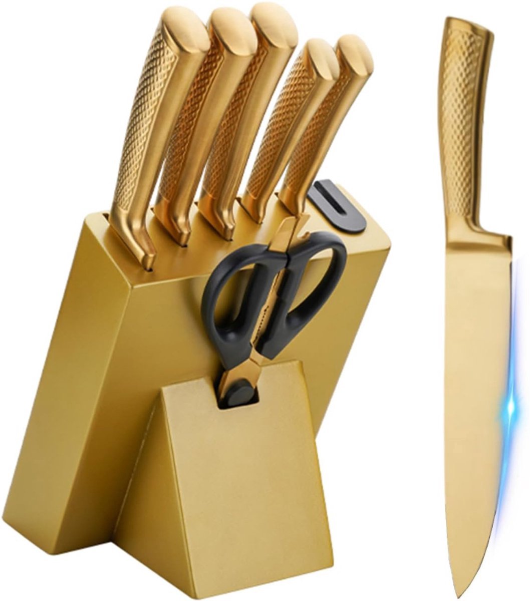 Thuys – Messenset Met Blok – Messenblok – Koksmes – Keukenmessen Set – Super Scherp – Goud