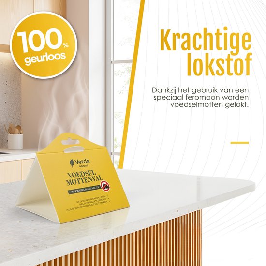 Gele mottenval met het opschrift 'Krachtige lokstof'. Met '100% geurloos' label.
