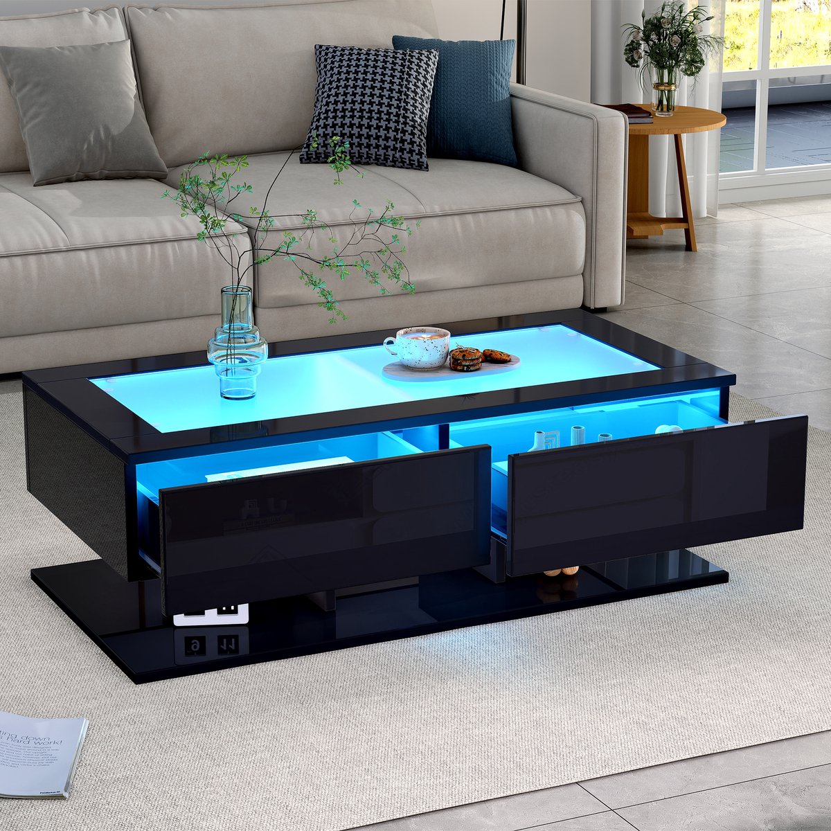 STILVORA Salontafels - Koffietafel Hoogglans Met LED-App En 2 Laden - 100x50x35 cm - Spaanplaat - Zwart