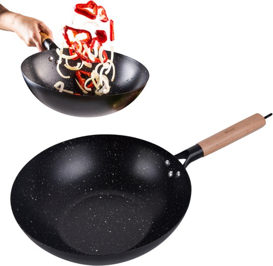 Pan Wok KINGHoff KH1983 30 cm - Poêle pour wok et sautés - Compatible tous feux, y compris induction - Manche en bois - Revêtement antiadhésif - Poêle Wok - Poêle à sauter