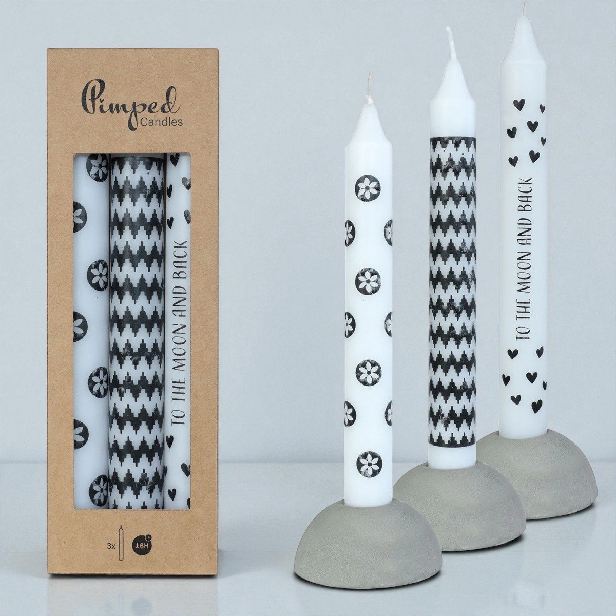 Dinerkaarsen Pimped candles zwart met wit - set van 3 kaarsen - giftset - cadeau voor haar - to the moon and back