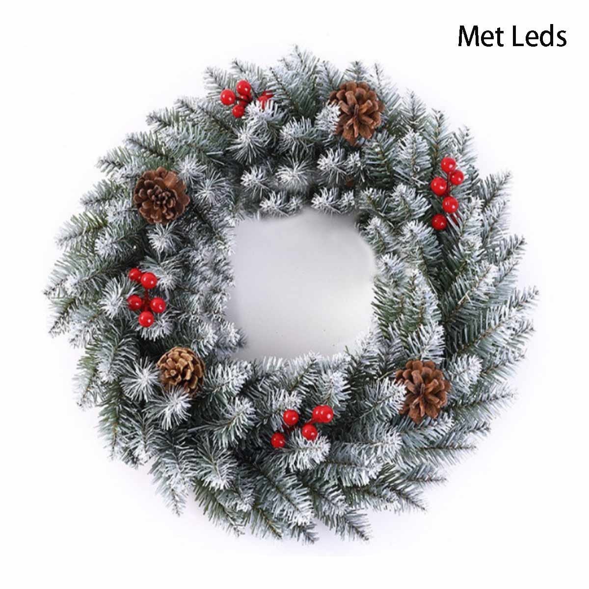 40cm Kerstkransen met LED verlichting -Met Batterijbox-Met sneeuwvlokken en dennenappels-deurkransen kerstversiering- Kerstdecoratie - Kerstmis-Groen