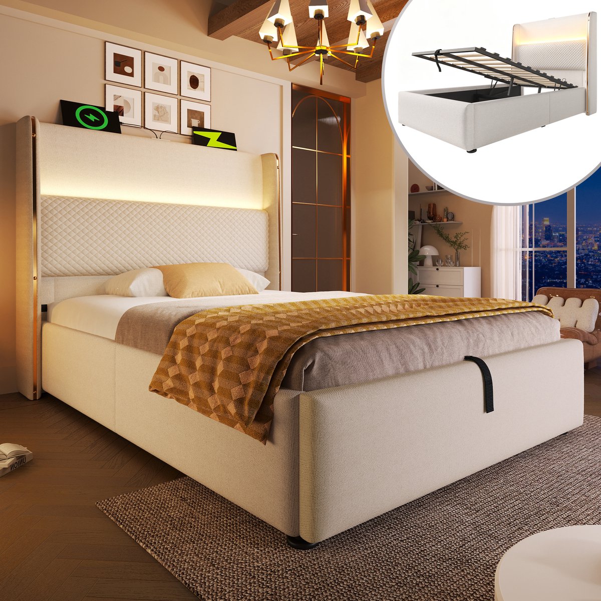 Gutent-Gestoffeerd bed 90x200cm-eenpersoonsbed met LED-verlichting-opbergruimte en USB/Type-C-aansluitingen-linnen-beige-zonder matras