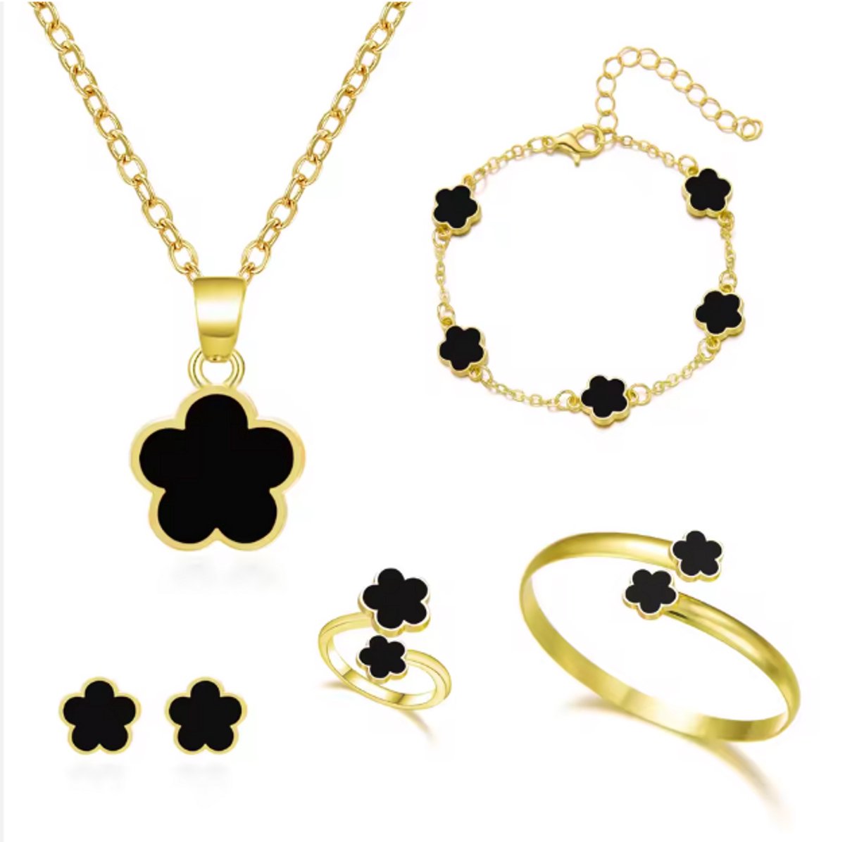 Eterna Jewellery - Goud Zwart Klaver Sieradenset – 5-delig – Ketting, Armband, Oorbellen, Ring & Bangle – Luxe Dames Sieraden – Geluks Klaver