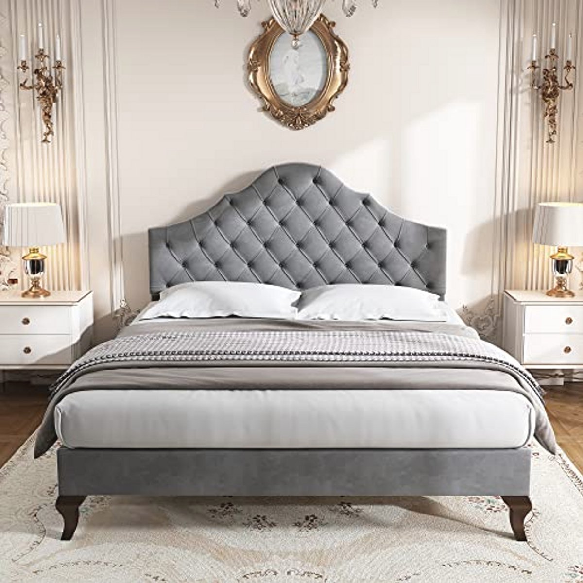 Gestoffeerd Bed 140 x 200 cm met Lattenbodem en Hoofdeinde, Verstelbaar Hoofdeinde, Tweepersoonsbed in Fluweel Grijs