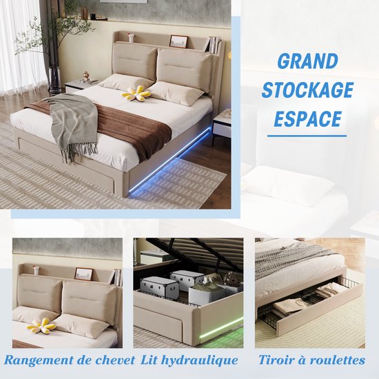 Lit rembourré OKWISH 140x190 cm – Lit double LED avec système de rangement hydraulique – Tiroirs – Velours – Beige