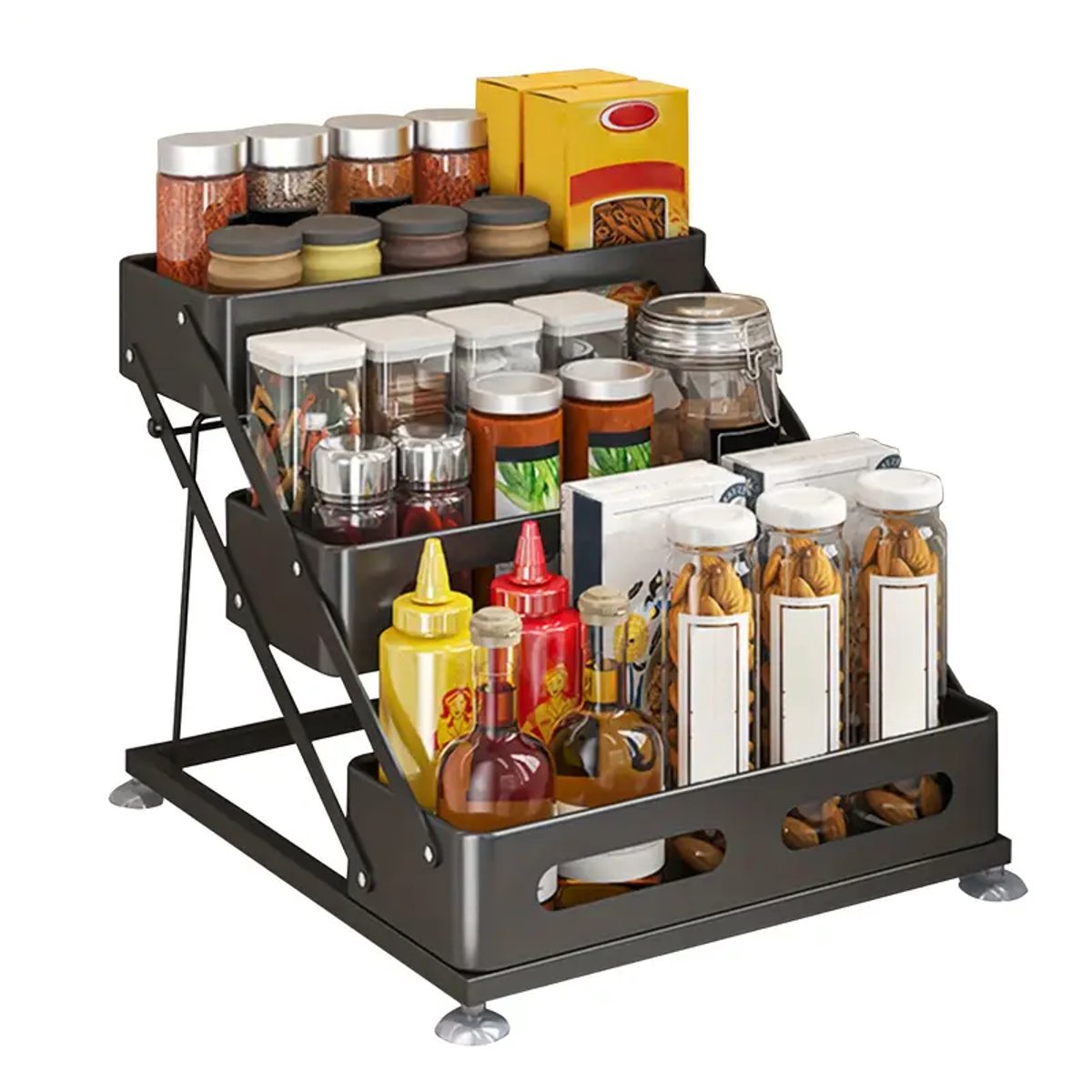 3-Laags Verstelbaar Kruidenrek – Metaal – Zwart – 30×34,5×27,5 cm – Keuken Organizer