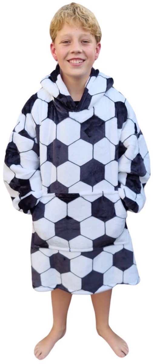 Hoodie Deken Kind - Deken met Mouwen voor Kinderen - super zacht - Fleece Deken met Mouwen - 134 t/m 164 (ca. 8-14 jaar) - voetbal