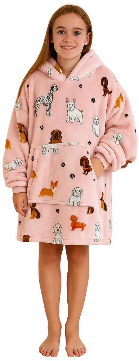 Hoodie Deken Kind - Deken met Mouwen voor Kinderen - super zacht - Fleece Deken met Mouwen - 134 t/m 164 (ca. 8-14 jaar) - honden