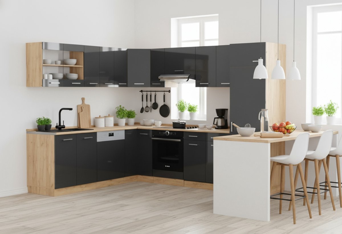 Hoekkeuken L-Vorm 227x287 cm zonder Werkblad – Moderne Keuken in Antraciet Hoogglans & Goud Eiken – Luxe Complete Keukenopstelling met Verstelbare Poten – Duurzaam Spaanplaat – Stijlvolle L-Keuken voor Elk Interieur – Novihome