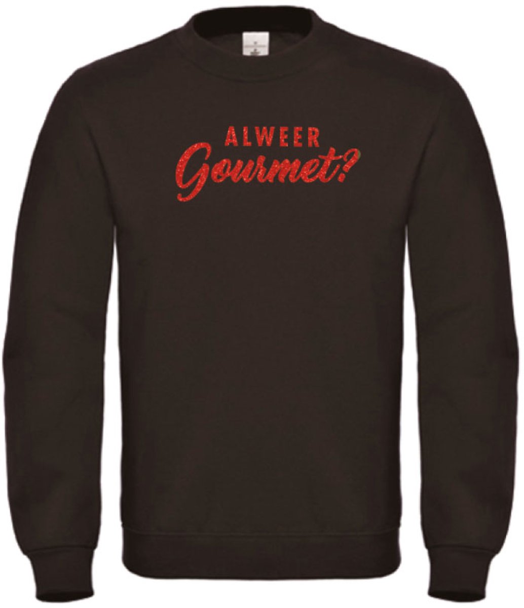 Foute kersttrui zwart M - Al weer gourmet? - Rood glitter - soBAD. | Kersttrui soBAD. | kerstsweaters volwassenen | kerst hoodie volwassenen | Kerst outfit | Foute kerst truien