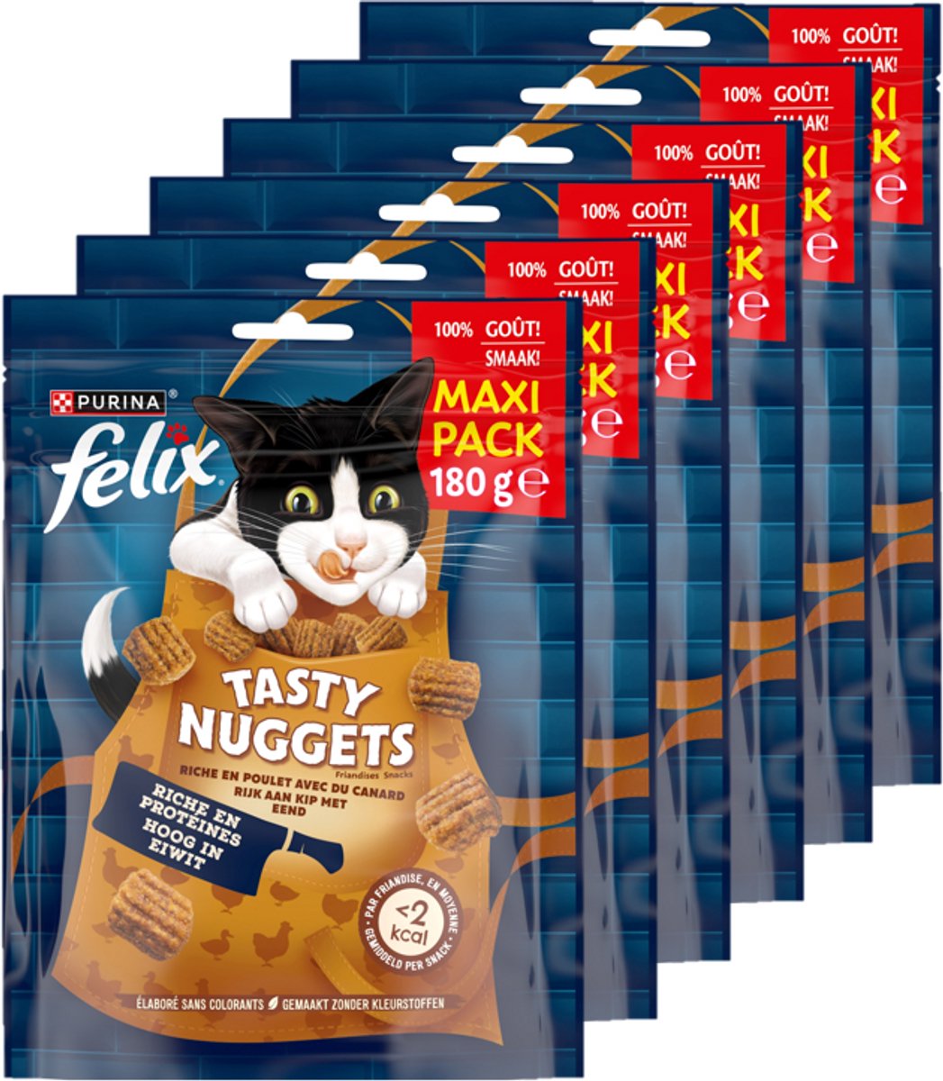6x Felix Kattensnack Tasty Nuggets Kip&Eend 180 gr