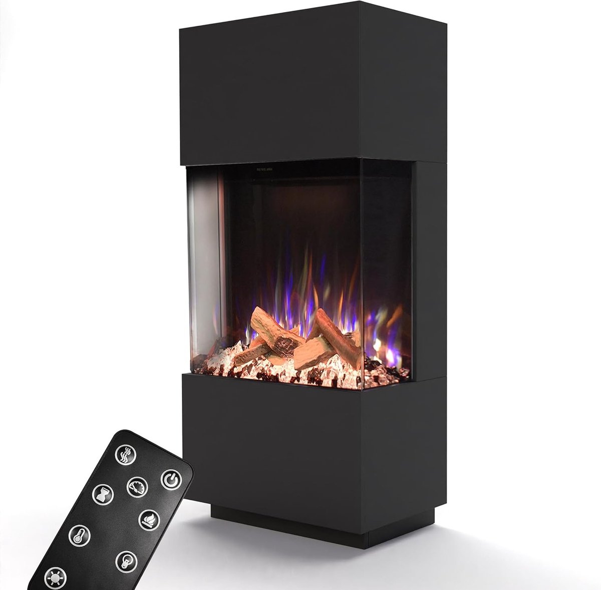 Staande Elektrische Haard TasalFurniture GlowFlame PR11 – 3D E-Motion LED Vuur, Knisperend Geluid, Verwarming 1500W, Timer, Modern Zwart Hout, Vrijstaand 61,5x136x40cm