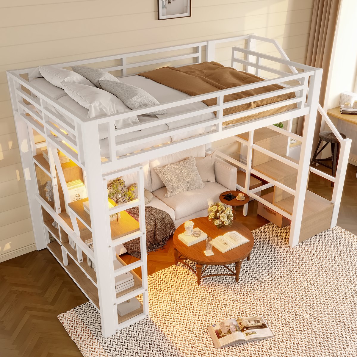 Merax Hoogslaper 140 x 200 cm - met opbergruimte - met LED-verlichting - open opbergruimte onder het bed - zonder matras - wit