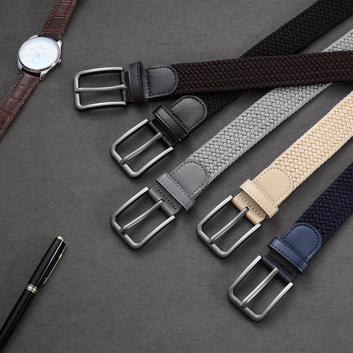 Kaki herenset met elastische riem - 1 elastische golfriem, casual materiaal, casual riem | elastische riem, veelzijdig te combineren met zwarte jeans/sportkleding, duurzaam en comfortabel, geschikt voor werkbroeken