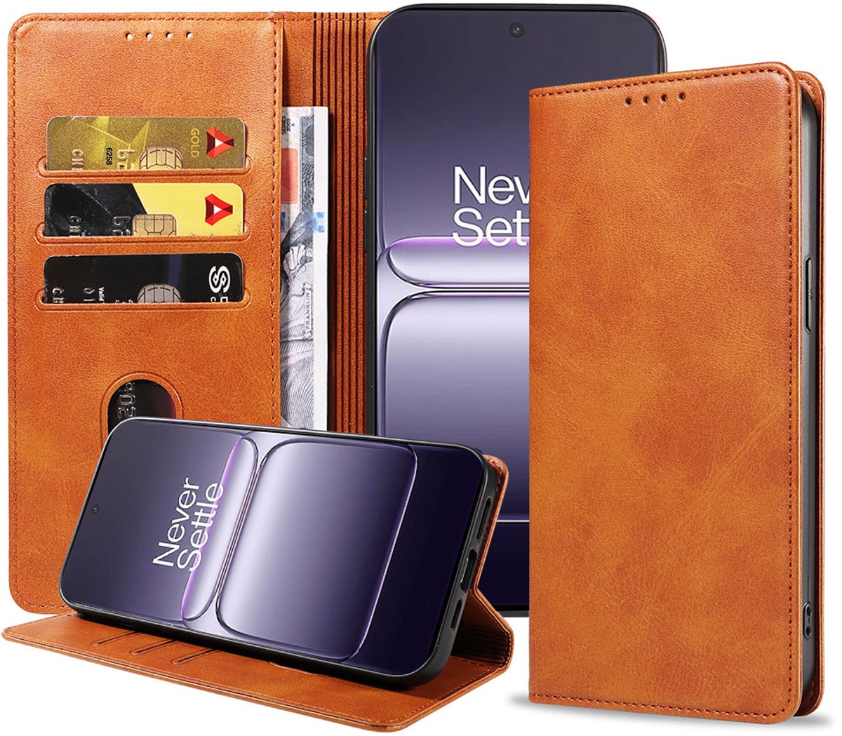 Geschikt voor OnePlus Nord CE 5 Telefoonhoesje Kunstleer met Magnetische sluiting en Pasjeshouder Bookcase met Klepje - Walletcase with Cardslot - Bruin - Smartphonica geschikt voor OnePlus Nord CE 5