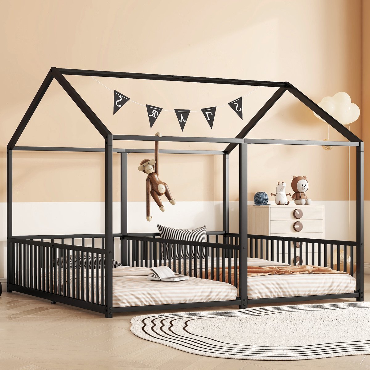 OKWISH Kinderbedden 90x200 cm - Eenpersoonsbed Met Huisdesign En Rausfallschutz - Praktisch En Veilig - Metaal - Zwart