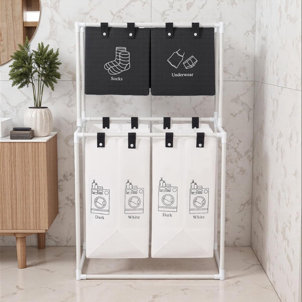 Thuys – Wassorteerder 4 Vakken – Wasmand – 150L – Wit Met Zwart