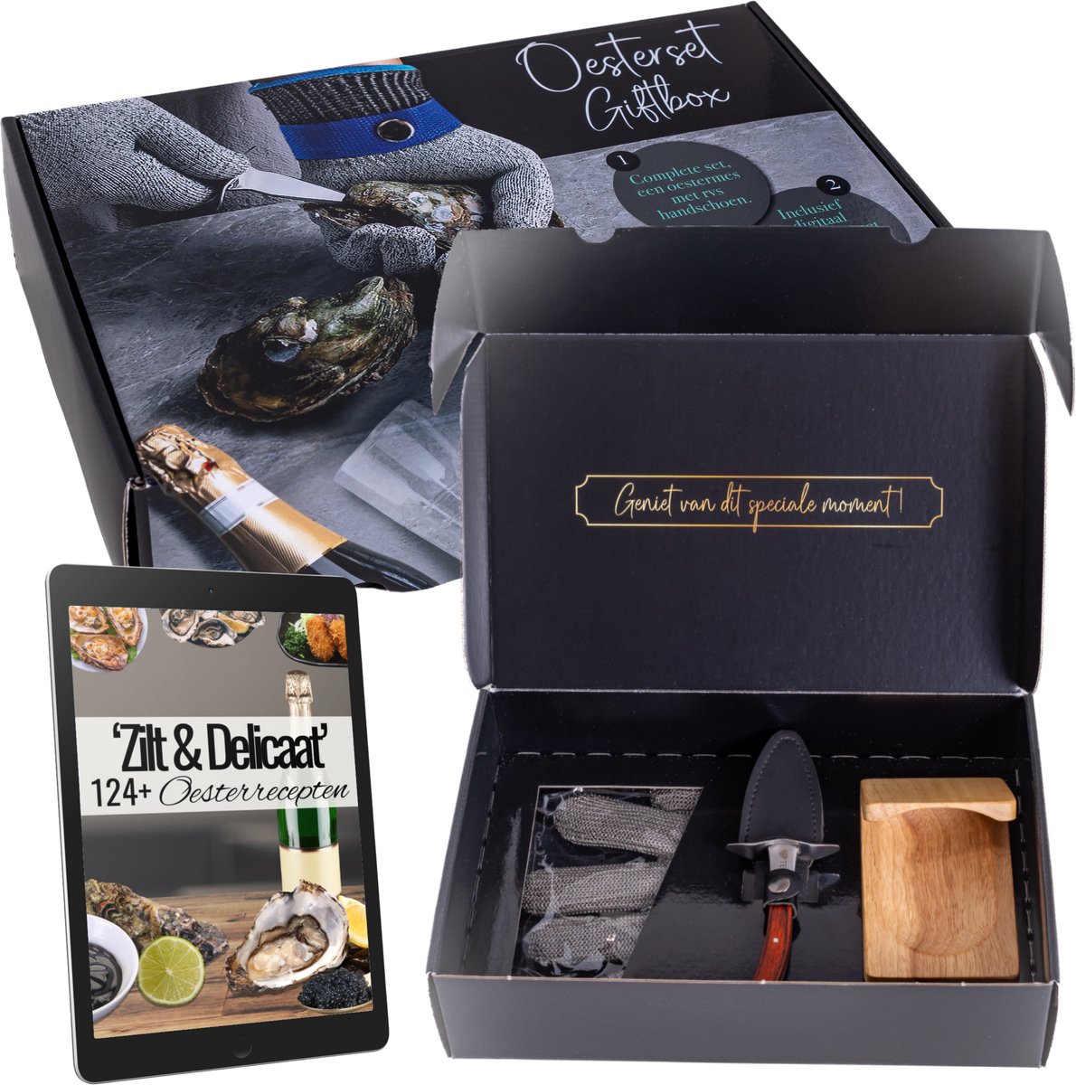 TEN® Geschenkset Oestermes Bruin met RVS Oesterhandschoen & Houten Oesterhouder + 124 Oesterrecepten - Cadeauverpakking/Zakelijk/Kado